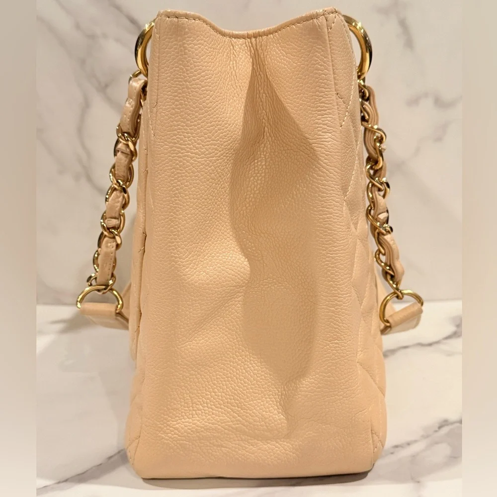 Authentic CHANEL Quilted Caviar GST large Tote in Beige with Gold Hardwar
